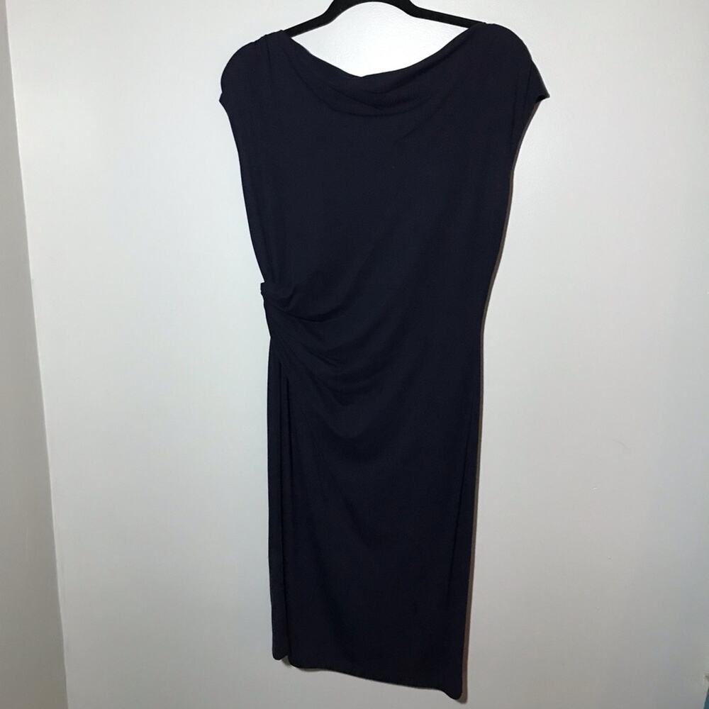 Lafayette 148 navy blue sheath dress with gathered side ruched sleeveless 4 midi